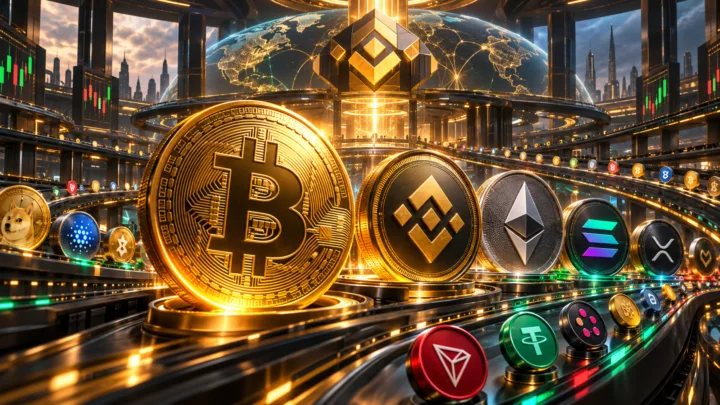 Bitcoin, BNB, Ethereum et plusieurs cryptomonnaies circulent dans une grande place de marché numérique