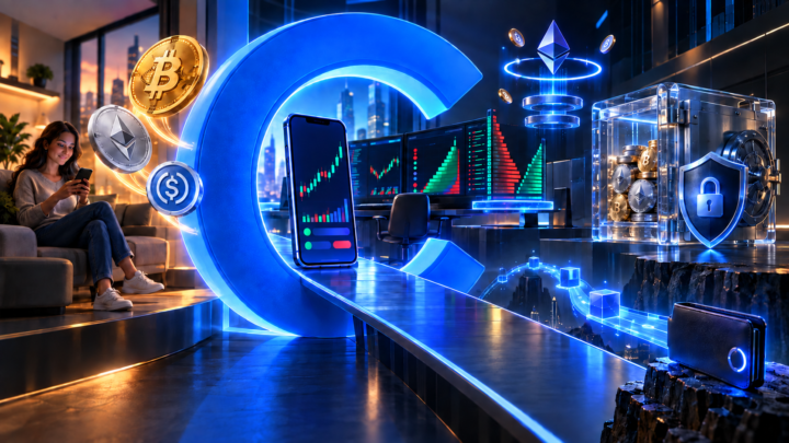 Un portail Coinbase bleu relie Bitcoin, Ethereum, USDC, trading avancé, Base et self-custody