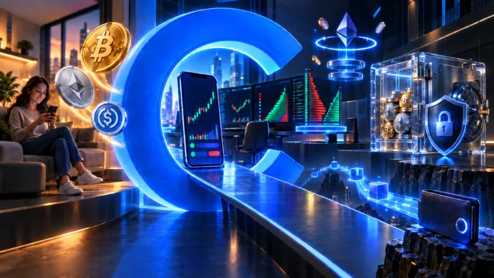 Un portail Coinbase bleu relie Bitcoin, Ethereum, USDC, trading avancé, Base et self-custody