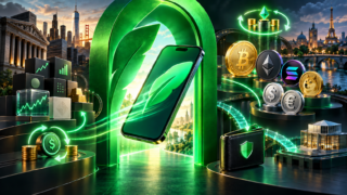 Un portail Robinhood vert relie actions, Bitcoin, Ethereum, Solana, stablecoins et wallet personnel