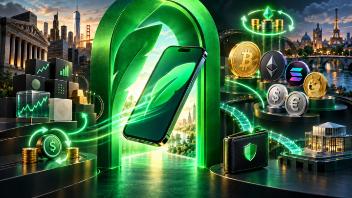 Un portail Robinhood vert relie actions, Bitcoin, Ethereum, Solana, stablecoins et wallet personnel
