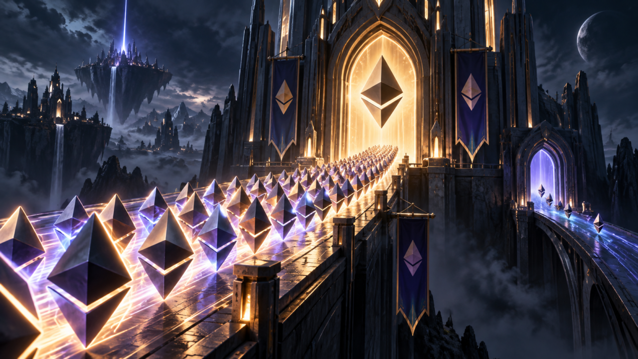 Une file dense de symboles Ethereum rejoint un portail de staking, tandis qu’une file plus petite en sort