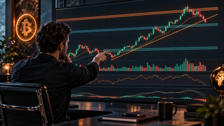 Un analyste étudie un graphique Bitcoin composé de chandeliers, volumes, supports et résistances