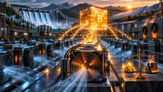 Une ferme de minage alimente des ASIC qui rivalisent pour produire un nouveau bloc Bitcoin