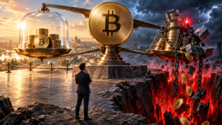 Une balance oppose un achat Bitcoin protégé au comptant à une position à levier entraînée vers une dette