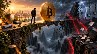 Un investisseur prudent observe un Bitcoin au bord d’une passerelle entre sécurité et risques financiers