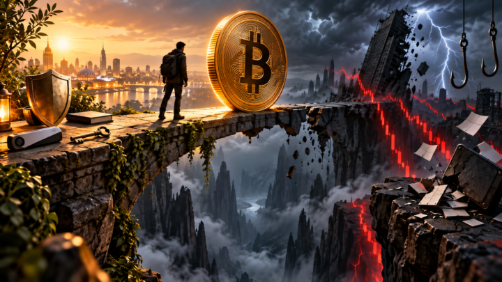 Un investisseur prudent observe un Bitcoin au bord d’une passerelle entre sécurité et risques financiers