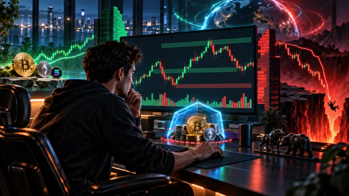 Un trader crypto observe un graphique tandis qu’un bouclier protège son capital face au risque de liquidation