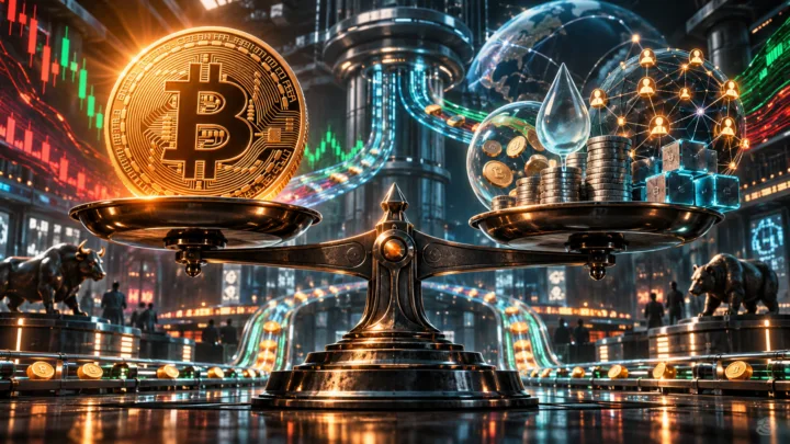 Bitcoin placé sur une balance face à l’offre, la liquidité et l’activité d’un réseau crypto