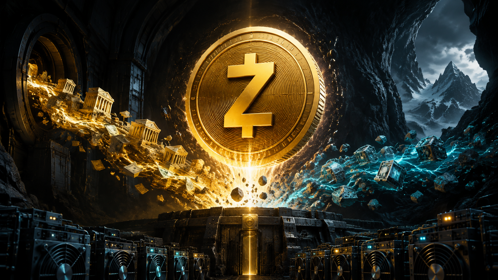 Une pièce Zcash s’élève au-dessus de machines de minage alimentées par de nouveaux flux institutionnels