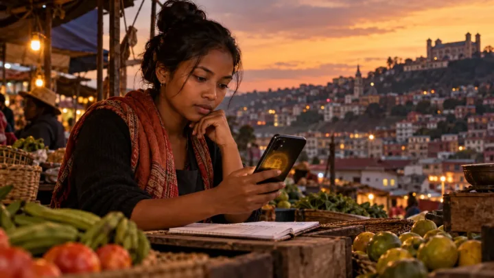 A Malagasy businesswoman compares Bitcoin’s price with an ariary amount on her phone.
