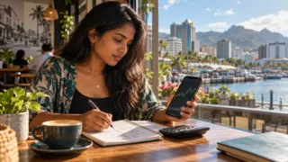 Une Mauricienne compare un graphique de marché sur son téléphone et note un calcul de conversion dans un café de Port-Louis.