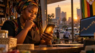 Une commerçante de Harare compare le cours du Bitcoin sur son téléphone avec un graphique affiché sur un écran.