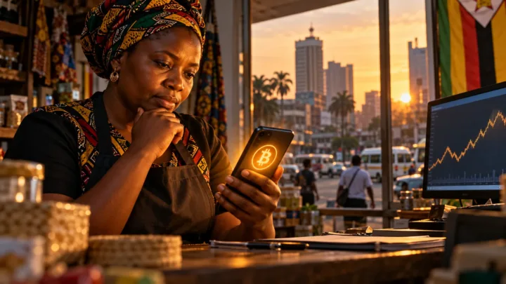 Une commerçante de Harare compare le cours du Bitcoin sur son téléphone avec un graphique affiché sur un écran.