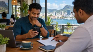 Un acheteur mauricien examine une application mobile pendant qu’un conseiller lui montre une liste de contrôles dans un café de Port-Louis.