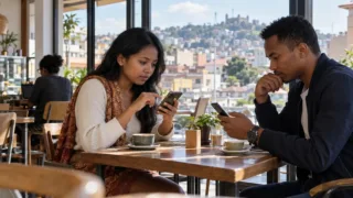 Un utilisateur malgache vérifie un ordre de paiement mobile et une transaction Bitcoin sur deux écrans distincts.