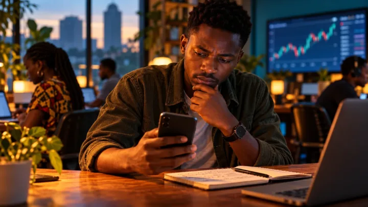 Un acheteur à Harare compare une offre Bitcoin sur son téléphone et note les frais avant de confirmer.