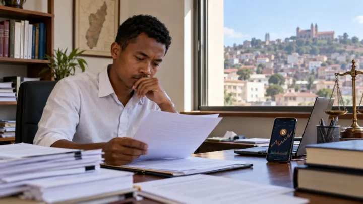 A reader examines Malagasy legal documents beside a Bitcoin wallet displayed on a smartphone.
