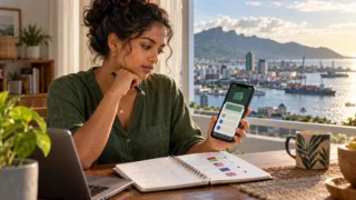 Une Mauricienne compare un portefeuille numérique et ses notes de change devant le port de Port-Louis.