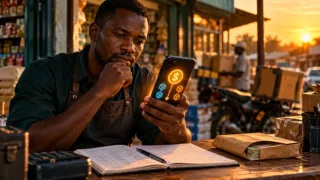 Une commerçante examine un parcours de paiement numérique et le réseau associé avant de transférer des USDT.