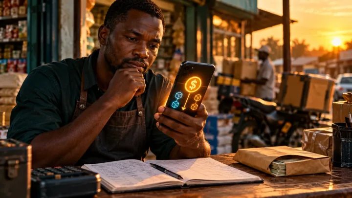 Une commerçante examine un parcours de paiement numérique et le réseau associé avant de transférer des USDT.