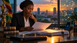 Une juriste zimbabwéenne examine un dossier réglementaire sur les actifs numériques à Harare.