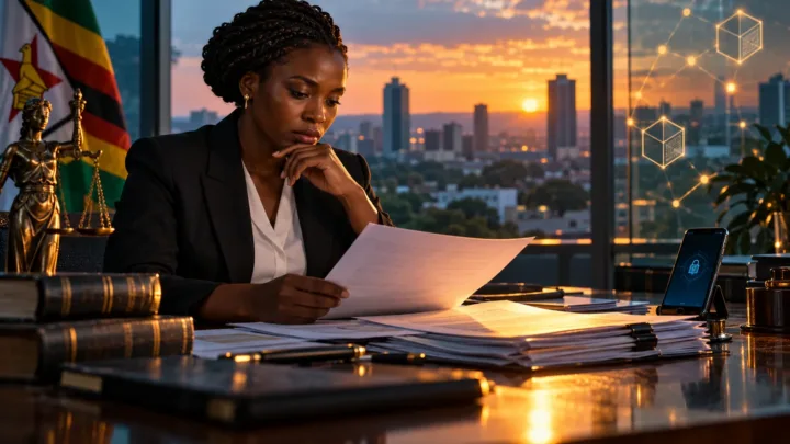 Une juriste zimbabwéenne examine un dossier réglementaire sur les actifs numériques à Harare.
