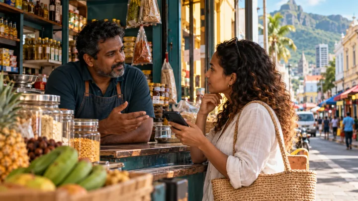 A Mauritian merchant and a customer discuss a phone inside a shop in Port Louis.