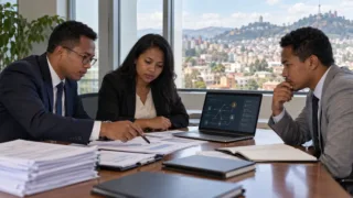Des responsables analysent un flux de transactions numériques sur un écran dans un bureau institutionnel à Madagascar.