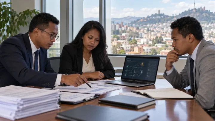 Des responsables analysent un flux de transactions numériques sur un écran dans un bureau institutionnel à Madagascar.