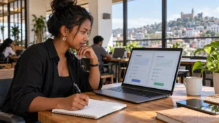 An entrepreneur compares the terms and withdrawal options of several crypto services on her computer.