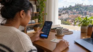 Un utilisateur malgache vérifie le pays de résidence et les conditions d’un compte crypto sur un téléphone.