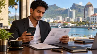 Un utilisateur mauricien consulte une application d’échange et examine les documents d’identité et conditions d’accès.