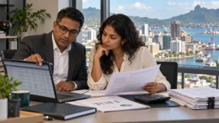 Un comptable mauricien examine un historique anonymisé d’opérations crypto et des documents fiscaux.