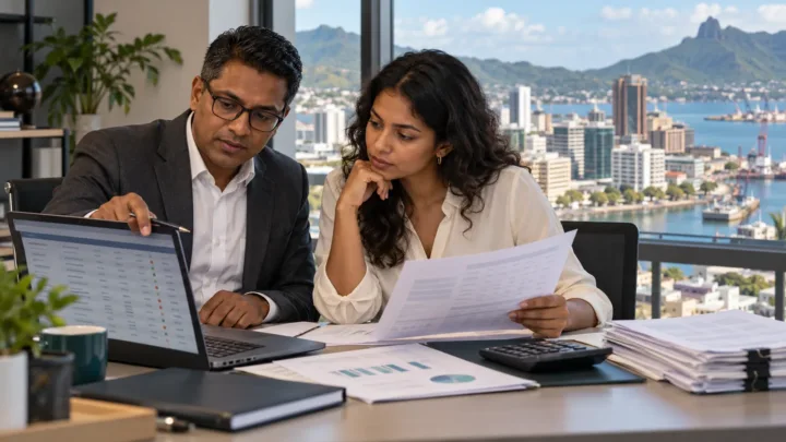 Un comptable mauricien examine un historique anonymisé d’opérations crypto et des documents fiscaux.