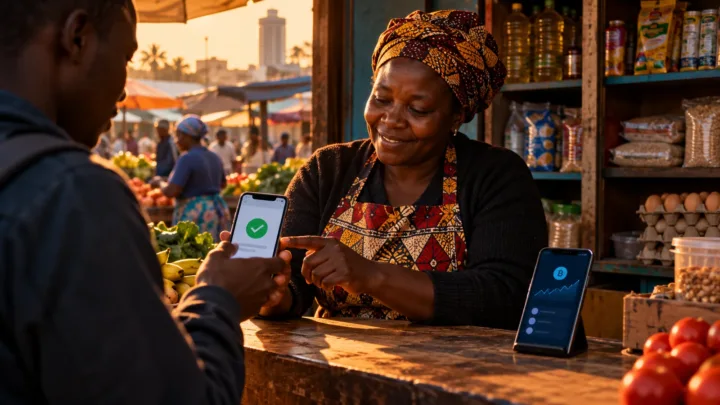 Une commerçante au Zimbabwe examine un paiement mobile sur un téléphone tandis qu'un autre appareil affiche un wallet crypto distinct.
