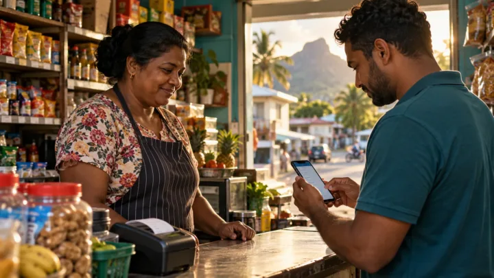 Un client effectue un transfert mobile dans une boutique de quartier à Maurice, avec le commerçant au comptoir.