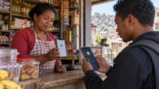 Un commerçant vérifie une confirmation MVola tandis qu’un acheteur contrôle séparément la réception de Bitcoin.