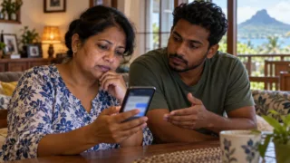Une Mauricienne demande conseil à un proche avant d’approuver un message inattendu sur son téléphone.