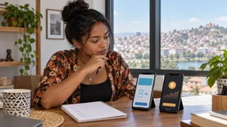 Mtumiaji akilinganisha kwenye simu yake uhamisho wa fedha za simu na muamala wa Bitcoin nchini Madagascar.