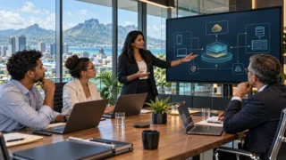 A Mauritian fintech team presents a digital product diagram to an adviser in a meeting room.