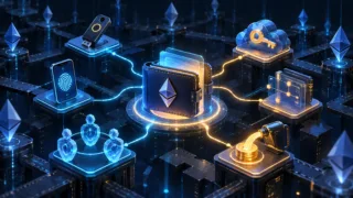 Wallet ya Ethereum iliyowakilishwa kwa mtindo wa kisanaa, ikiunganishwa na keys kadhaa, passkeys na kanuni zinazoweza kuratibiwa