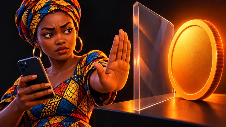 Femme congolaise vérifiant un paiement avant d’interagir avec un jeton numérique