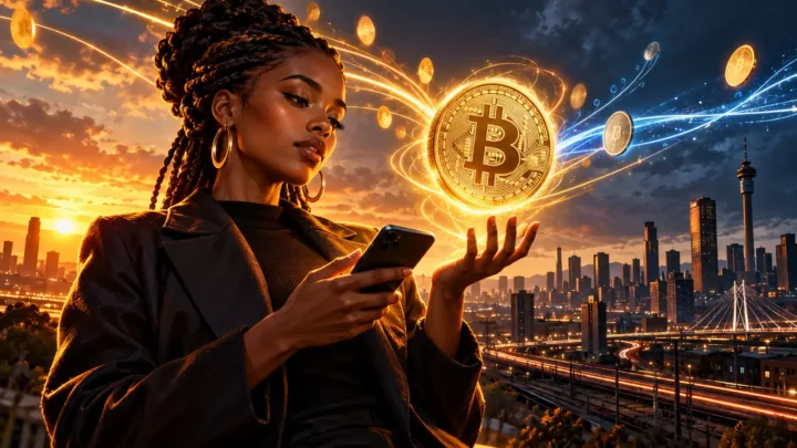 Entrepreneuse sud-africaine examinant une pièce Bitcoin lumineuse devant Johannesburg