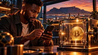 South African buyer checking a phone beside a safe containing a Bitcoin coin
