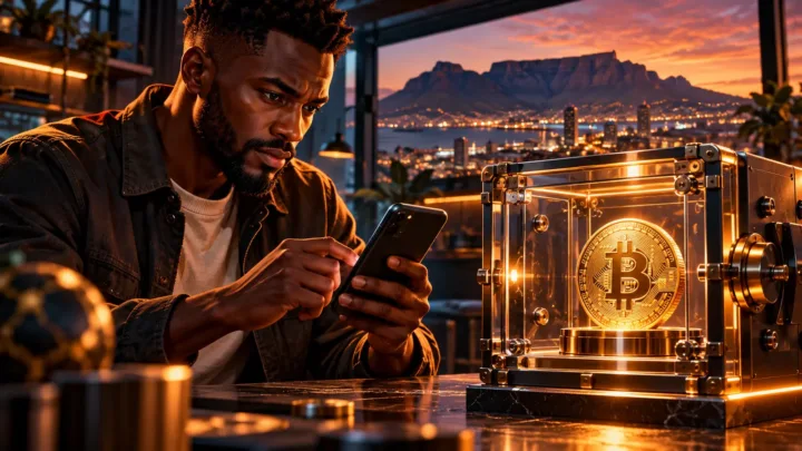 South African buyer checking a phone beside a safe containing a Bitcoin coin