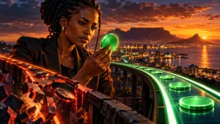 Professionnelle sud-africaine observant un token vert entre deux rails numériques au Cap