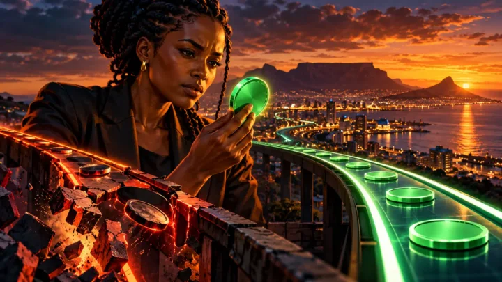 Professionnelle sud-africaine observant un token vert entre deux rails numériques au Cap