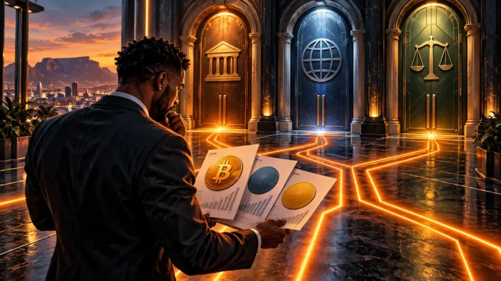 South African analyst studying files in front of three institutional doors