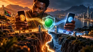 Comerciante sul-africano comparando dois celulares separados por uma fronteira abstrata